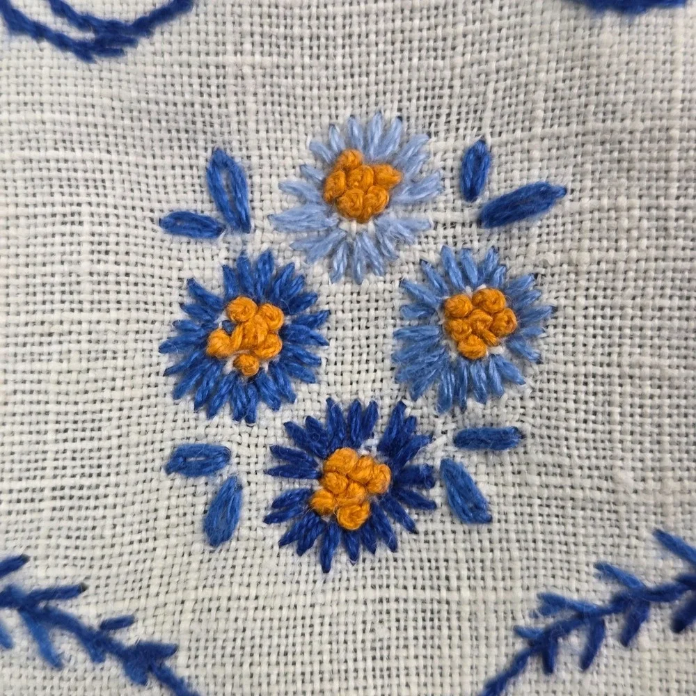 2 Vintage Hand Stitched Table Runner Floral design Blue Bonnet‎ Cottagecore